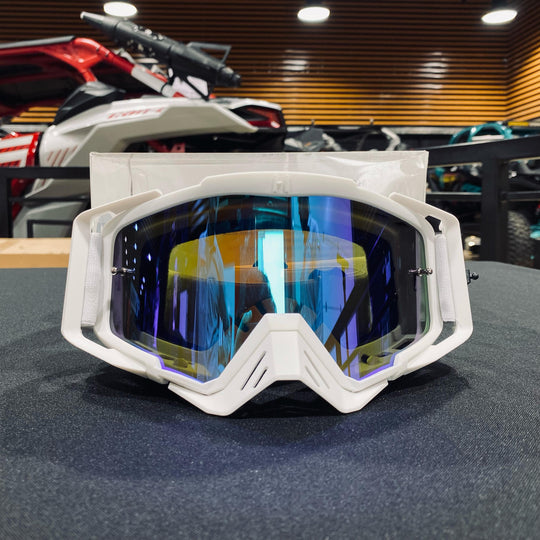 Goggle, POWDER, Elite Design, White, Blue Pre-Curved lens, Each