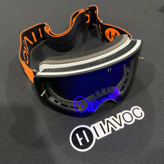 نظارات واقية، إطار، تصميم لا متناهي، حزام برتقالي/أسود، عدسة مغناطيسية زرقاء، إطار أبيض، كل منها