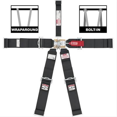 Racing Harness, 5 Point, Latch, Bolt-In, Wraparound, Roll Bar Mount, Black, SFI 16.1, Kit - Topspeed