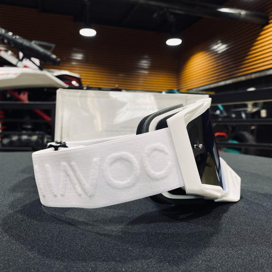 Goggle, POWDER, Elite Design, White, Blue Pre-Curved lens, Each