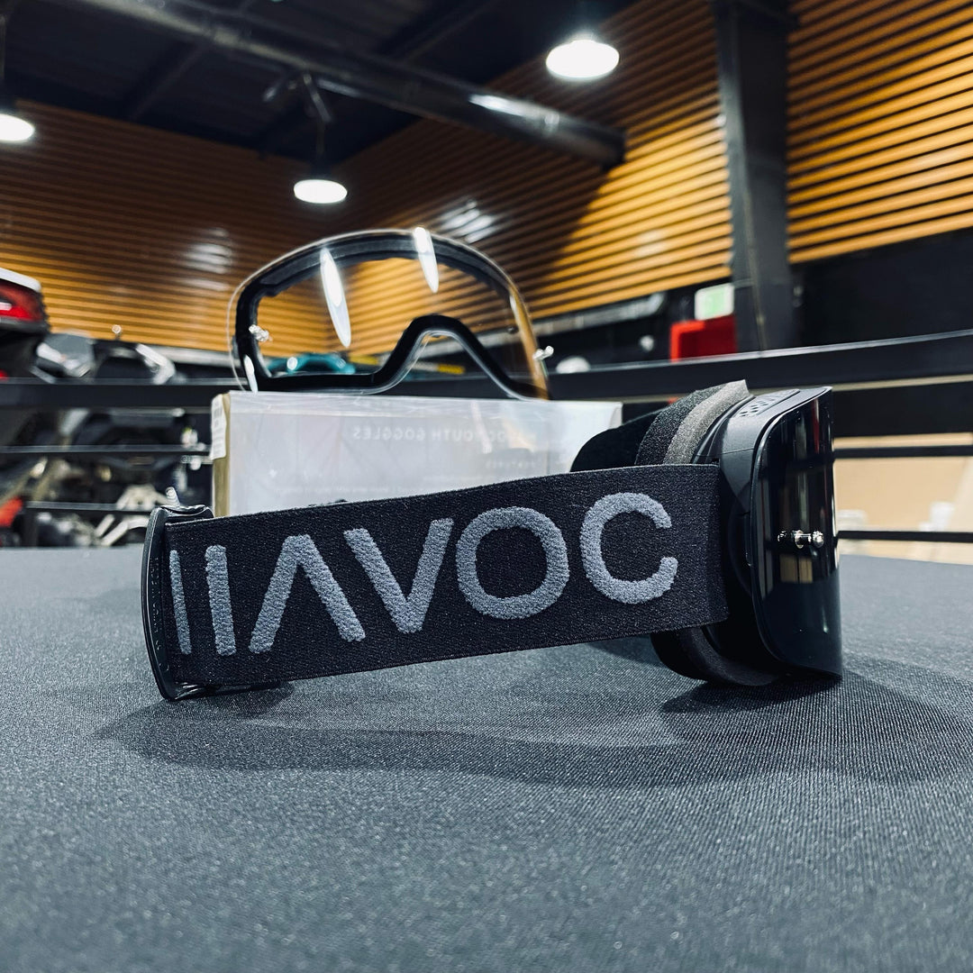 Goggle, YOUTH BLACKOUT, Frameless Design, Black/Gray Strap, Smoke Mirror Lens, Black Frame, Each