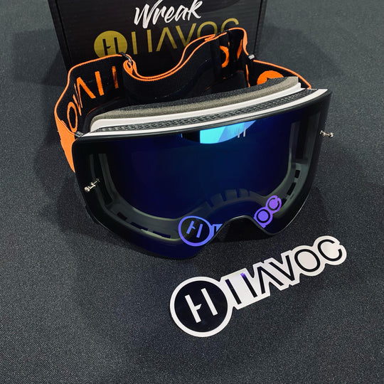 نظارات واقية، إطار، تصميم لا متناهي، حزام برتقالي/أسود، عدسة مغناطيسية زرقاء، إطار أبيض، كل منها