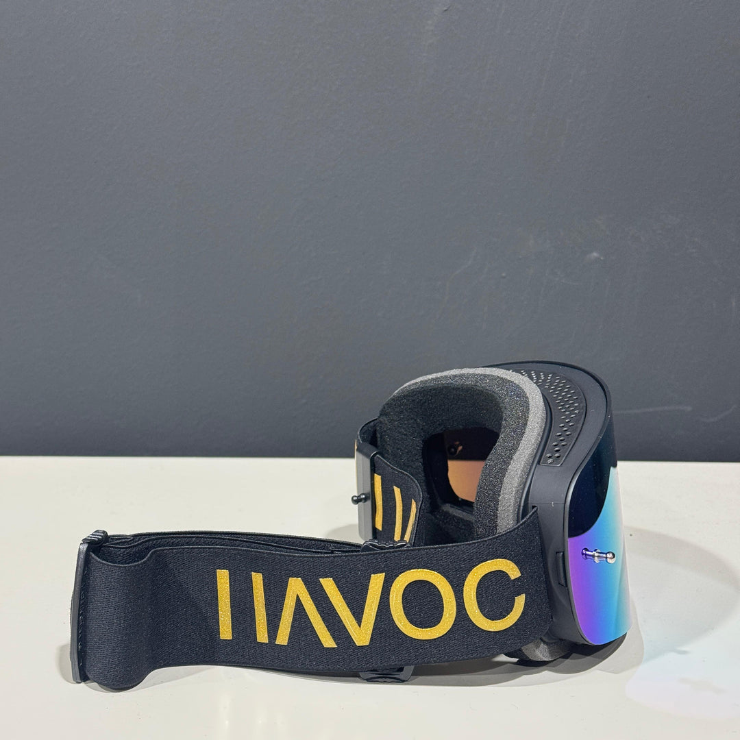 Goggle, YOUTH GOLD, Frameless Design, Black/ Rubberized Gold Strap, Gold Mirror 'Pin Lock' Lens, Black Frame, Each