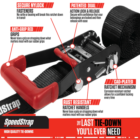 (PRP) (UTV28) Tie-Down Straps, SpeedStrap, Fuel Jug Tie-Down, Ratchet, S-Hook, Retention Clip, 1 in. Width, Black, Each