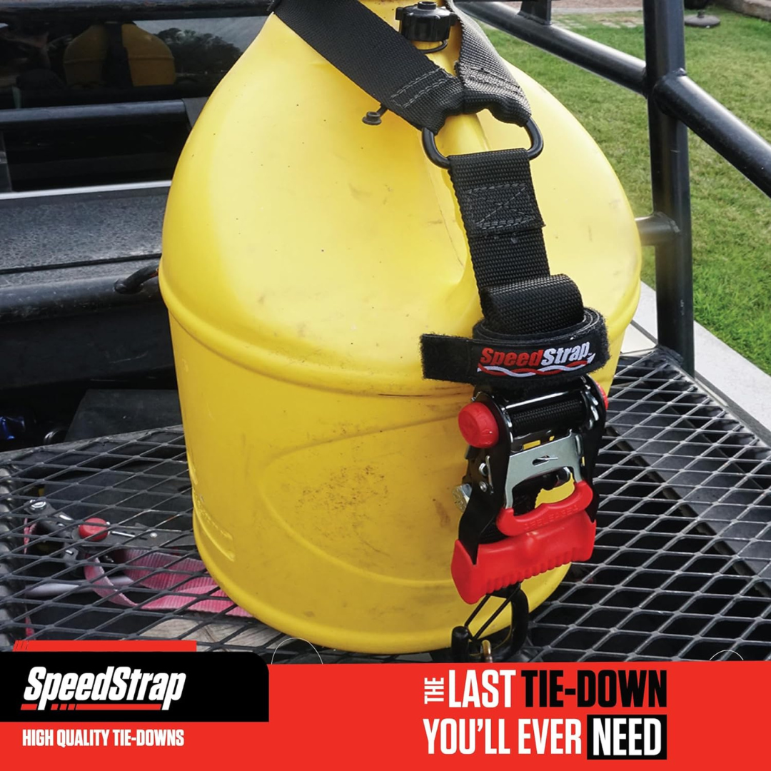 (PRP) (UTV28) Tie-Down Straps, SpeedStrap, Fuel Jug Tie-Down, Ratchet, S-Hook, Retention Clip, 1 in. Width, Black, Each