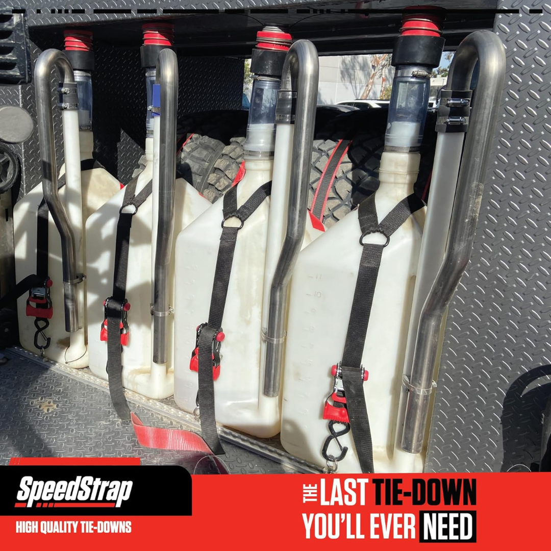 (PRP) (UTV28) Tie-Down Straps, SpeedStrap, Fuel Jug Tie-Down, Ratchet, S-Hook, Retention Clip, 1 in. Width, Black, Each